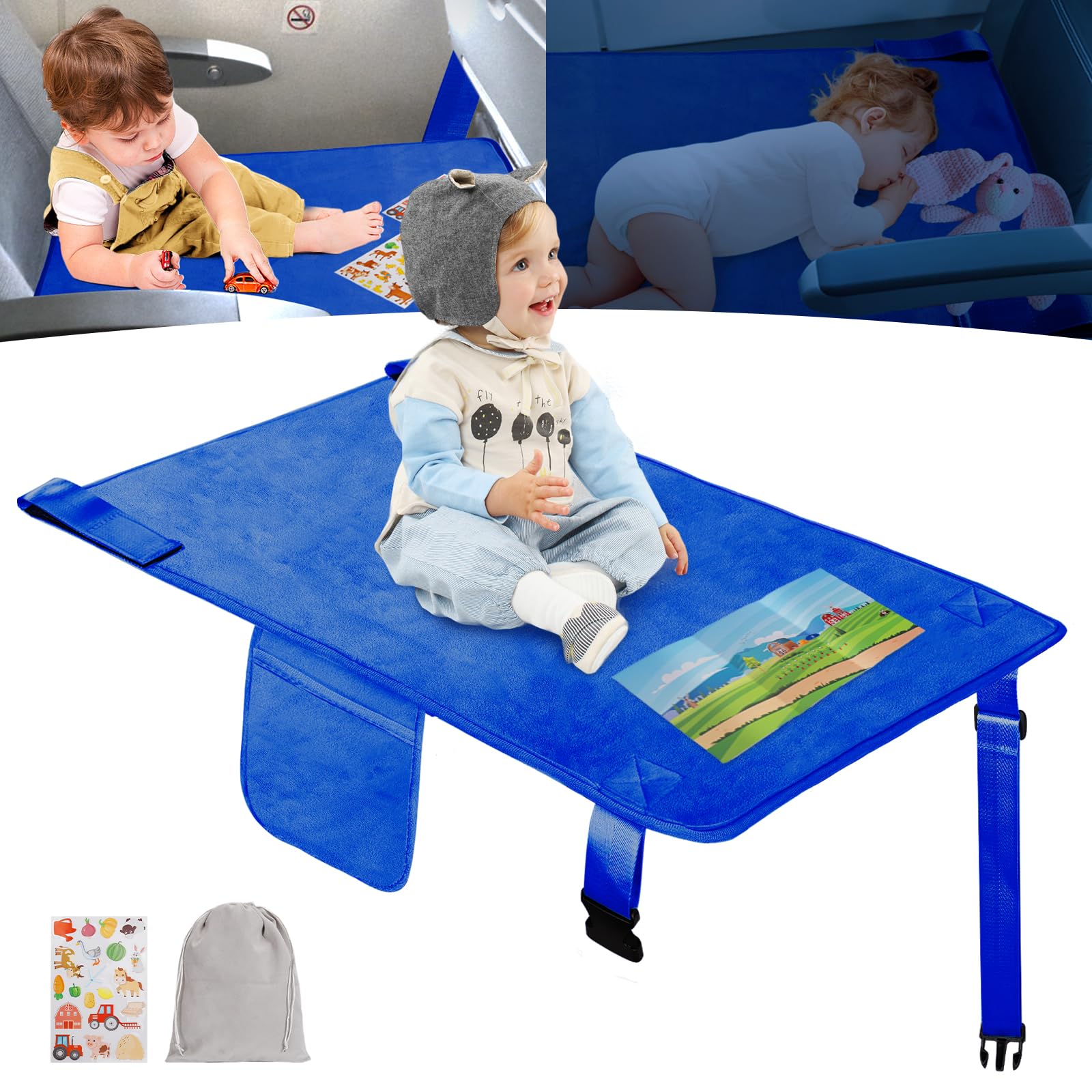 GoCozy Toddler Airplane Bed Kids Airplane Seat Extender Travel Bed Toddler Airplane Travel Essentials with Sticker Book Dark Blue